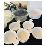 P - Collection of Pots, Pans, Knives, and Glass Bakeware Kitchenware Set