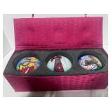 Set of Three Hand painted  4" Glass Ornaments in Decorative Box