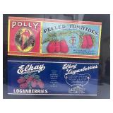 Vintage Can Labels Framed 17" X11"  Polly Brand Tomatoes and Elkay Loganberries