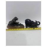 Bronze Grizzly Bear Figurine and Crouching Elephant