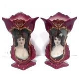 Pair of Fleur De Lys Victorian Lady Red Porcelain Vases