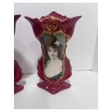 Pair of Fleur De Lys Victorian Lady Red Porcelain Vases