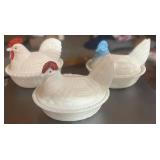 Three 5" Hen on Nests Milk Glass Blue and White Or Red Comb Westmoreland. One has chip