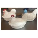 Three 5" Hen on Nests Milk Glass Blue and White Or Red Comb Westmoreland. One has chip