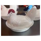 Three 5" Hen on Nests Milk Glass Blue and White Or Red Comb Westmoreland. One has chip