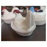 Three 5" Hen on Nests Milk Glass Blue and White Or Red Comb Westmoreland. One has chip
