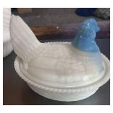 Three 5" Hen on Nests Milk Glass Blue and White Or Red Comb Westmoreland. One has chip