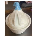 Three 5" Hen on Nests Milk Glass Blue and White Or Red Comb Westmoreland. One has chip