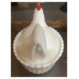 Three 5" Hen on Nests Milk Glass Blue and White Or Red Comb Westmoreland. One has chip