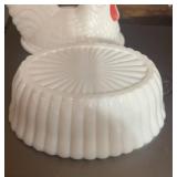 Three 5" Hen on Nests Milk Glass Blue and White Or Red Comb Westmoreland. One has chip