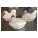 Three 5" Hen on Nests Milk Glass Blue and White Or Red Comb Westmoreland. One has chip