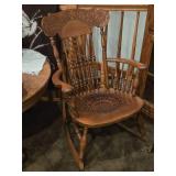 Vintage Victorian Quartersawn Oak Wooden Rocking Chair with Leather Seat