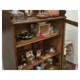 Vintage American Renaissance-style Oak Wood Curio Cabinet Open Bookcase with Ornate Mirrored Top Shelf 5-shelf