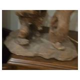 Vintage 19" Lumberjack theme German Carved Wood Table Lamp with Lamp Shade featuring print of The Night Watch by Rembrandt