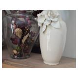 Lot of (2) Table Vase with Faux Plant - White Rose, Clear Glass