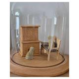 Miniature Doll House Tile Stove Scale Replica with Dogs, Bench and Area Rug under Glass Dome