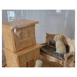 Miniature Doll House Tile Stove Scale Replica with Dogs, Bench and Area Rug under Glass Dome