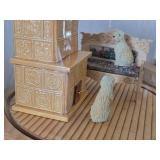 Miniature Doll House Tile Stove Scale Replica with Dogs, Bench and Area Rug under Glass Dome