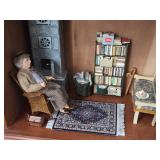 Miniature Doll House Scale Replica Lighted Display in Wood Mantle Case - Woman in Library