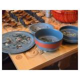 Vintage Norwegian Rosemaling Wooden Plate and Bowl Set of 4 - 12" Plate, 9" Bowl (x2), 8"Dx7" Bowl with Lid