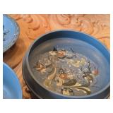 Vintage Norwegian Rosemaling Wooden Plate and Bowl Set of 4 - 12" Plate, 9" Bowl (x2), 8"Dx7" Bowl with Lid