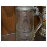 Vintage 6" Glass German Beer Stein with Pewter Lid (likely engraved from 18th to 19th century)