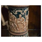Vintage 10" Ceramic German Beer Stein with Pewter Lid and relief image of Gambrinus