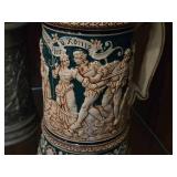 Vintage 10" Ceramic German Beer Stein with Pewter Lid and relief image of Gambrinus