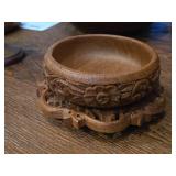 Hand Carved Wooden Decorative Bowl and Stand with Floral Motif