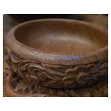 Hand Carved Wooden Decorative Bowl and Stand with Floral Motif