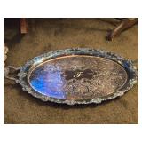 Vintage Silverplated Oval Serving Tray with Handles and Ornate Etched Scroll and Floral Pattern 26" x 16"