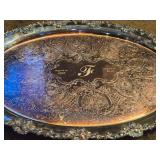 Vintage Silverplated Oval Serving Tray with Handles and Ornate Etched Scroll and Floral Pattern 26" x 16"