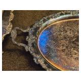 Vintage Silverplated Oval Serving Tray with Handles and Ornate Etched Scroll and Floral Pattern 26" x 16"