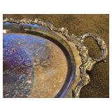 Vintage Silverplated Oval Serving Tray with Handles and Ornate Etched Scroll and Floral Pattern 25" x 16"