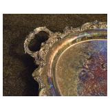 Vintage Silverplated Oval Serving Tray with Handles and Ornate Etched Scroll and Floral Pattern 25" x 16"