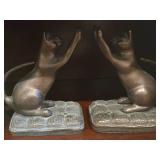 Vintage (2) SPI Solid Brass Curious Cat Bookends on cushion and (1) Brass Cat Figurine