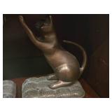Vintage (2) SPI Solid Brass Curious Cat Bookends on cushion and (1) Brass Cat Figurine