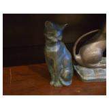 Vintage (2) SPI Solid Brass Curious Cat Bookends on cushion and (1) Brass Cat Figurine