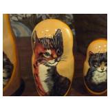 (5) Handmade Cat Matryoshka Russian Nesting Dolls and (1) Cat Wine Topper