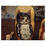 (5) Handmade Cat Matryoshka Russian Nesting Dolls and (1) Cat Wine Topper