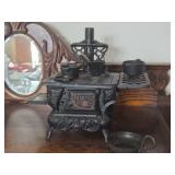 Vintage Miniature Doll House Cast Iron Stove with Cast Iron Pots and Pans by Crescent