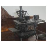 Vintage Miniature Doll House Cast Iron Stove with Cast Iron Pots and Pans by Crescent