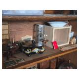 Lot of (1 Shelf) Miniature Doll House Accessories - Wood Display Box, Hexagon Display Cabinet, Dining Furniture (Buffet, Wash Sink, Dining Table and Chair), Violin, Side Tables with Décor, Cat Statue