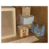 Lot of (1 Shelf) Miniature Doll House Accessories - Wood Display Box, Hexagon Display Cabinet, Dining Furniture (Buffet, Wash Sink, Dining Table and Chair), Violin, Side Tables with Décor, Cat Statue