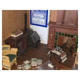 Lot of  Miniature Doll House Accessories - Fireplace, Various Kitchen Buffets, Bench, Tables, Baby Carriage, Musical Instruments, Drum Kit and Horns Under Glass Dome