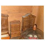 Lot of  Miniature Doll House Accessories - Fireplace, Various Kitchen Buffets, Bench, Tables, Baby Carriage, Musical Instruments, Drum Kit and Horns Under Glass Dome