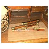 Lot of  Miniature Doll House Accessories - Fireplace, Various Kitchen Buffets, Bench, Tables, Baby Carriage, Musical Instruments, Drum Kit and Horns Under Glass Dome