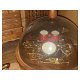 Lot of  Miniature Doll House Accessories - Fireplace, Various Kitchen Buffets, Bench, Tables, Baby Carriage, Musical Instruments, Drum Kit and Horns Under Glass Dome