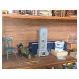 Lot of  Miniature Doll House Accessories - Corner Brick Fireplace, Vintage Spinning Wheel, Tile Stove / Ovne, Dining Chair, Spade and Hoe, Buffet, Wall Clocks, Musical Instruments Under Glass Dome