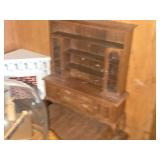 Lot of  Miniature Doll House Accessories - Corner Brick Fireplace, Vintage Spinning Wheel, Tile Stove / Ovne, Dining Chair, Spade and Hoe, Buffet, Wall Clocks, Musical Instruments Under Glass Dome